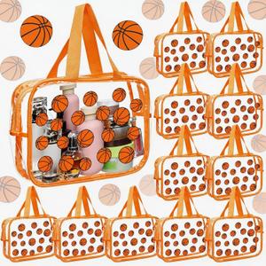 Kacctyen 12 Pcs Basketball Large Clear Toiletry Cosmetic Makeup Bag with Zipper and Handle Cheer Snack Bag Bulk for Team 12 x 9 x 4 Gift Bags Tote Pouch Cheerleading Teammates Party Supplies(Orange)