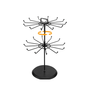 MyGift 2 Tier Black Metal Rotating Necklace and Bracelet Organizer Jewelry Stand with 24 Hooks, Multipurpose Accessory and Keychain Spinning Display Rack with Top Handle Card Holder