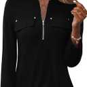 LOMON 3/4 Length Sleeve Womens Tops Business Casual Zip Front V Neck Shirt Loose Fit Work Tunic Blouse (Black, L)