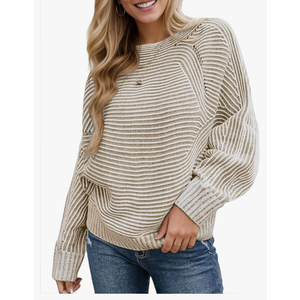 VIMPUNEC Fall Winter Sweaters for Women Knit Striped Batwing Pullover Trendy Oversized Long Sleeve Tops(XL)