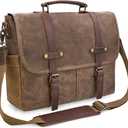 Mens Messenger Bag 15.6 Inch Waterproof Vintage Genuine Leather Waxed Canvas Briefcase Large Leather Computer Laptop Bag Rugged Satchel Shoulder Bag, Brown