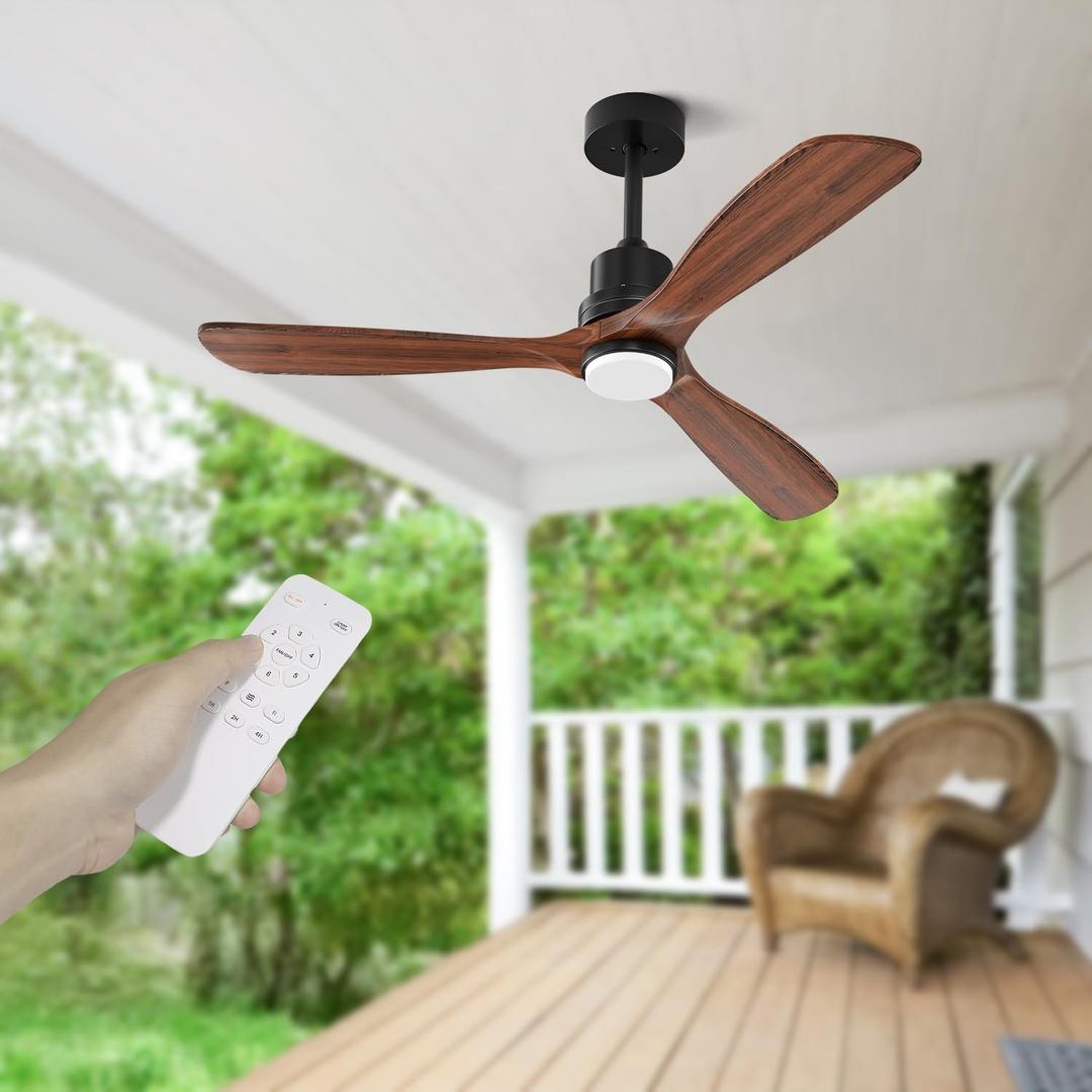 Obabala 60in Ceiling Fan with Light and Remote Outdoor Ceiling Fans Modern 3 Wood Blade Ceiling Fans Timer Reversible Silent DC Motor for Patios Farmhouse Bedroom (Walnut)