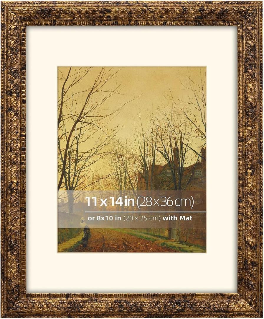 11x14 Rustic Gold Ornate Vintage Classic Picture Frame, With Mat for 8x10 Photo or Art, Real Glass Protection, Horizontal or Vertical Display