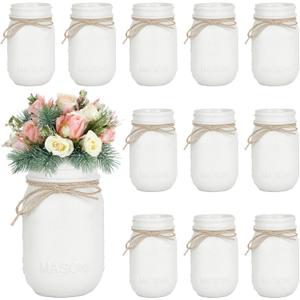 White Mason Jars 16oz 12 Pack 3 x 5 Inch, Vintage Glass Vases with Jute Twine, for Wedding Centerpieces, Bridal & Baby Shower Party Decor