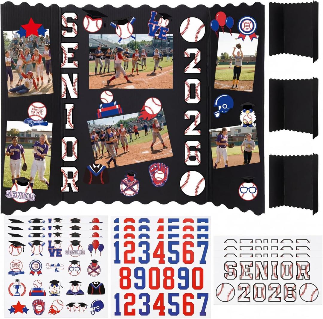 Resurhang 4 Set 24''x16'' Baseball Senior Night Gifts Senior 2026 Trifold Poster Board Photo Display Board with 12 Sheet Sports Themed Stickers for Graduation Picture Frame Sport Theme Party Supplies