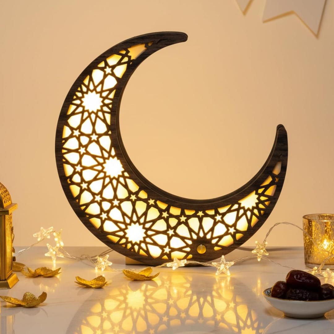 Yookeer Crescent Moon Lamp Wooden Eid Table Night Light Decor 10'' Ramadan Mubarak Moon Shaped Lamp USB Wooden Ramadan LED Lights Table Decoration for Muslims Islamic Bedroom Home Decor Gift