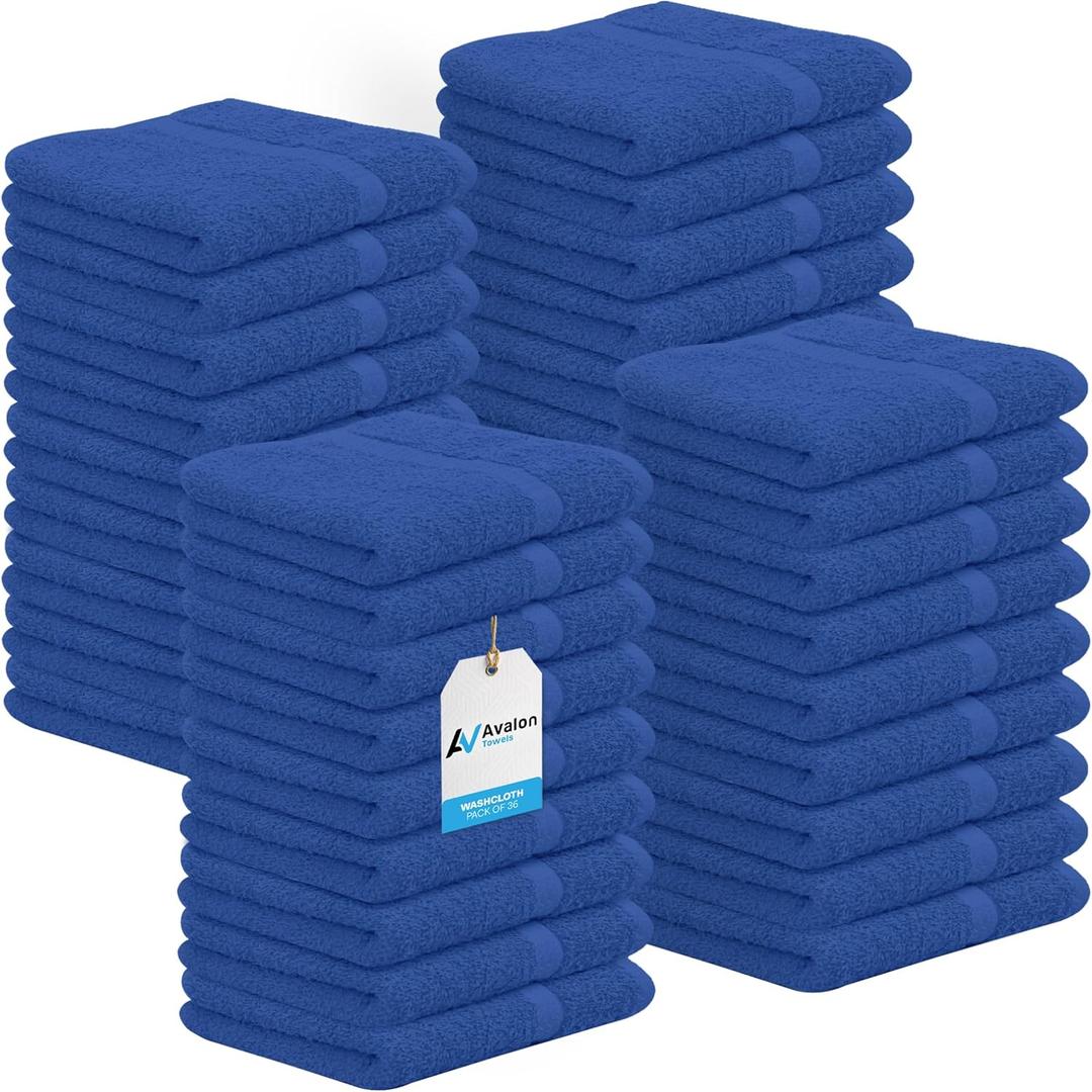 Avalon Towels Cotton Washcloths (Pack of 36) Size 12x12 Inches, 100% Ring Spun Cotton, Soft & Absorbent Face Towels, Gym Towels, Hotel and Spa Quality, Reusable Fingertip Towels (Blue)