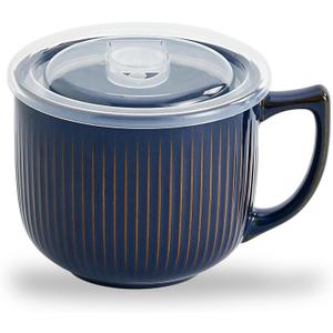 Ceramic Soup Bowl with Handle 32oz  Microwave Ramen Bowl with Lid, Soup Mugs & Cups for Cereal, Oatmeal, Ramen, Instant Noodle, Soup Container with Lid - (Vintage Blue)