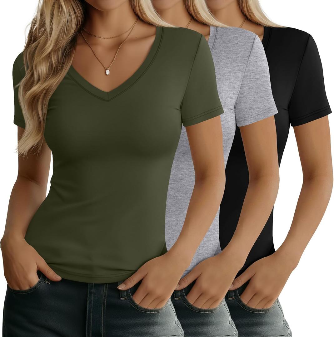 Huukeay 3 Pack Women's Deep V Neck Shirts Short Sleeve Slim Fitted Tops Basic Casual Tee Summer Going Out Tight T-Shirts (XX-Large, Black, Gray, Army Green)