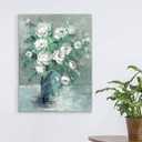 UTOP-art Floral Canvas Wall Art Painting White Rose Flower Green Leaves Hand Painted Texture Picture Artwork For Bedroom Plant Wall Decor Bathroom Walls Office(18'' x 24'' x 1 Panel)