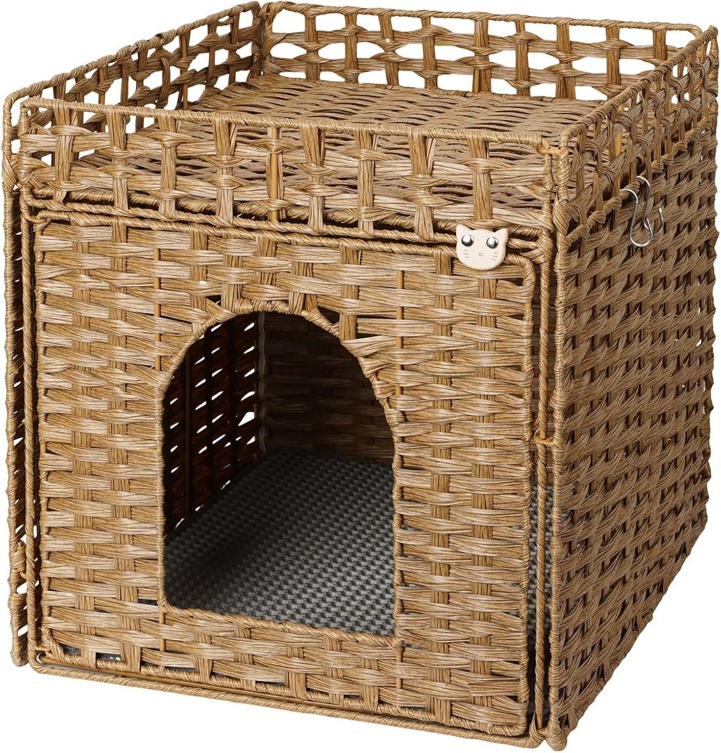 Cat Litter Box Enclosure Furniture, Hidden Litter Box with Fence, Handwoven Rattan Cat House with Two S-Shaped Hooks for Living Room, Bedroom, 18.5 x 20.5 x 19.1 Inches (Natural)