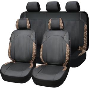Flying Banner Synthetic Leather car seat Covers Full Set Front and Rear Bench Fashion Easy Installation Cup Holder Free (Black & Leopard Print, LowBucket - Full Set)
