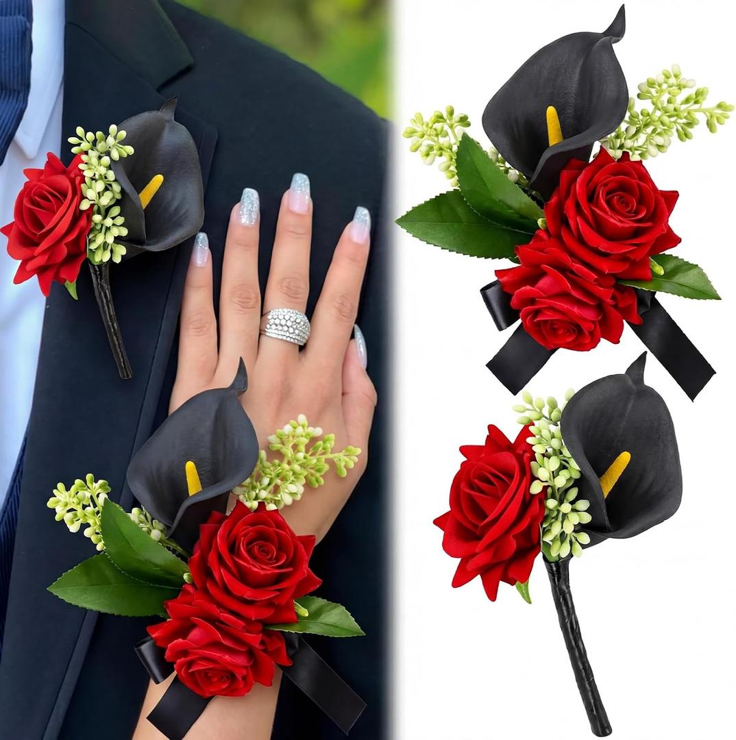 Suncalla 2 Pcs Red Rose Wrist Corsage and Boutonniere Set for Prom Decor with Black Calla Lily Burgundy Rose Wristlet Band Bracelet and Boutonniere for Graduation Prom Wedding Flower Accessories Decor
