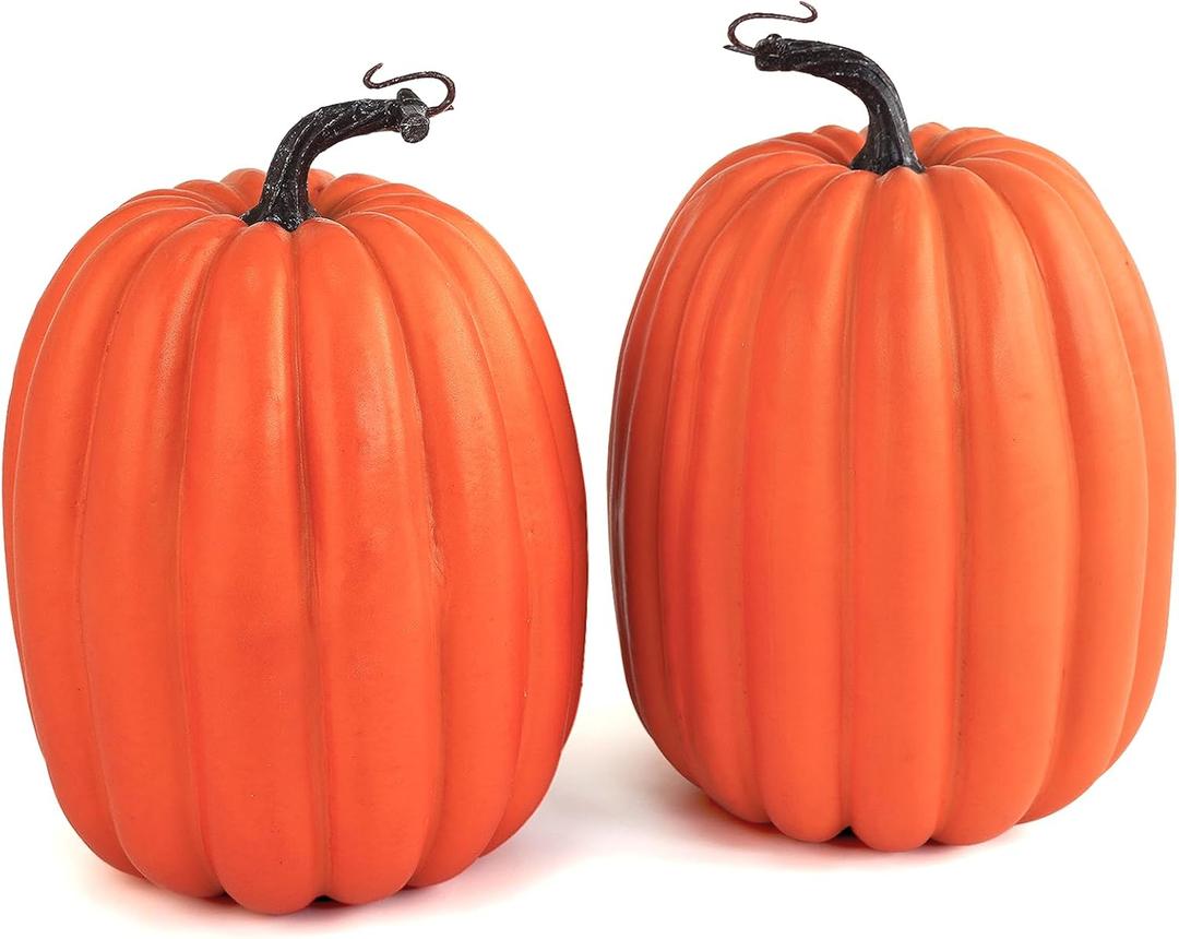 Artmag 8 Inch Large Artificial Pumpkins, 2PCS Big Orange Faux Foam Harvest Pumpkins for Fall Autumn Thanksgiving Seasonal Holiday Decor