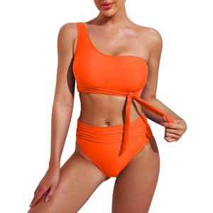 Pink Queen Women's One Shoulder High Waisted Bikini Set Two Piece Tie Ruched Swimsuit (Large, Orange)