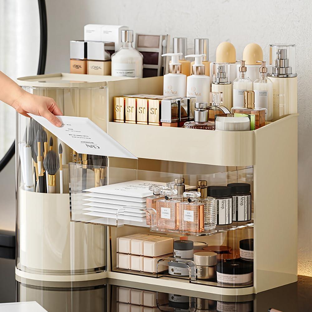 White Rotating Makeup Organizer with Drawers - 360° Spinning Brush Holder, Top Tray for Cosmetics & Skincare, Countertop Vanity Storage 13.8" L x 8.3" W x 9.1" H