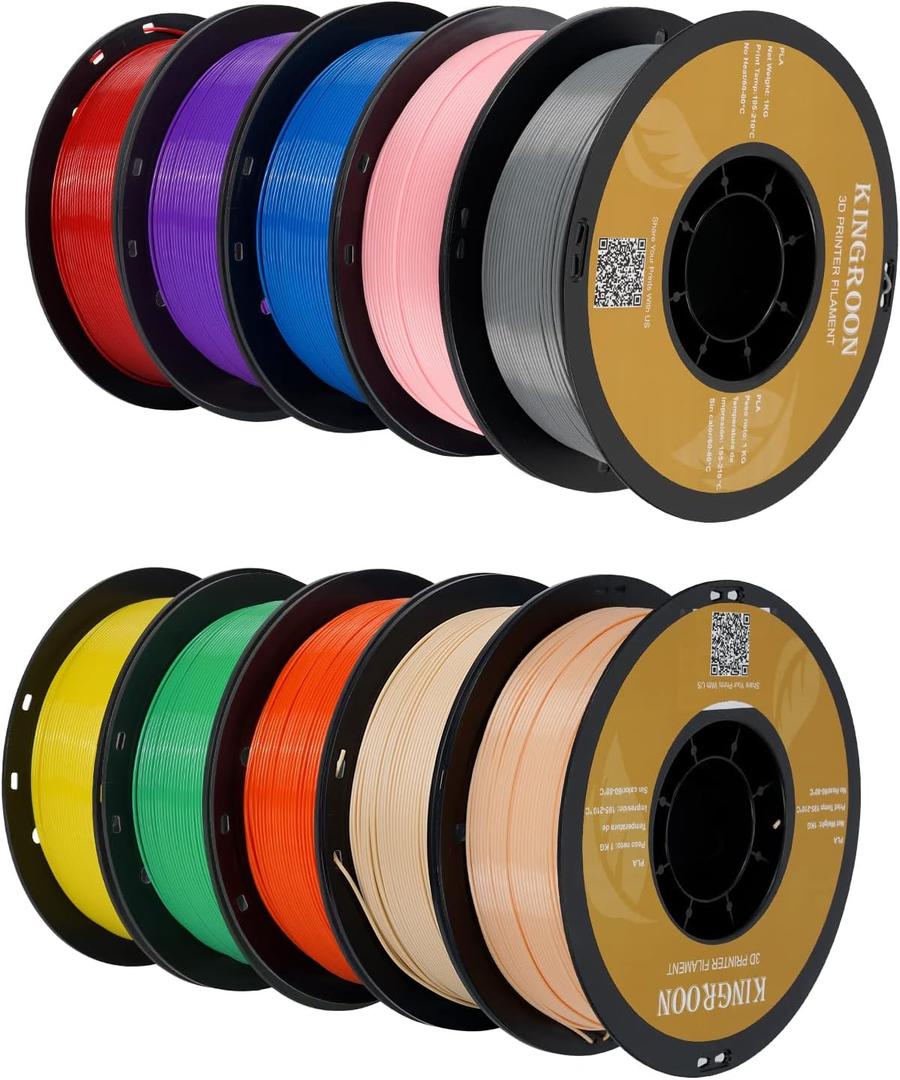 Kingroon PLA 3D Printer Filament,10 Rolls,Dimensional Accuracy +/- 0.02 mm, 1 kg Spool(2.2lbs), 1.75 mmRed Blue Green Yellow Wood Orange Pink Purple Silver Skin
