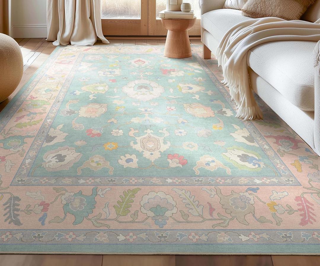 Well Woven Ushak Konya Green 7'7" x 9'10" Area Rug for Large Living Room and Dining Room - Updated Traditional Pastel Design, Easy Clean, Floor-Friendly Backing
