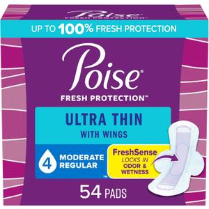 Poise Ultra Thin Incontinence Pads with Wings & Postpartum Incontinence Pads, 4 Drop Moderate Absorbency, Regular Length, 54 Count, Packaging May Vary (REGULAR/WINGED)