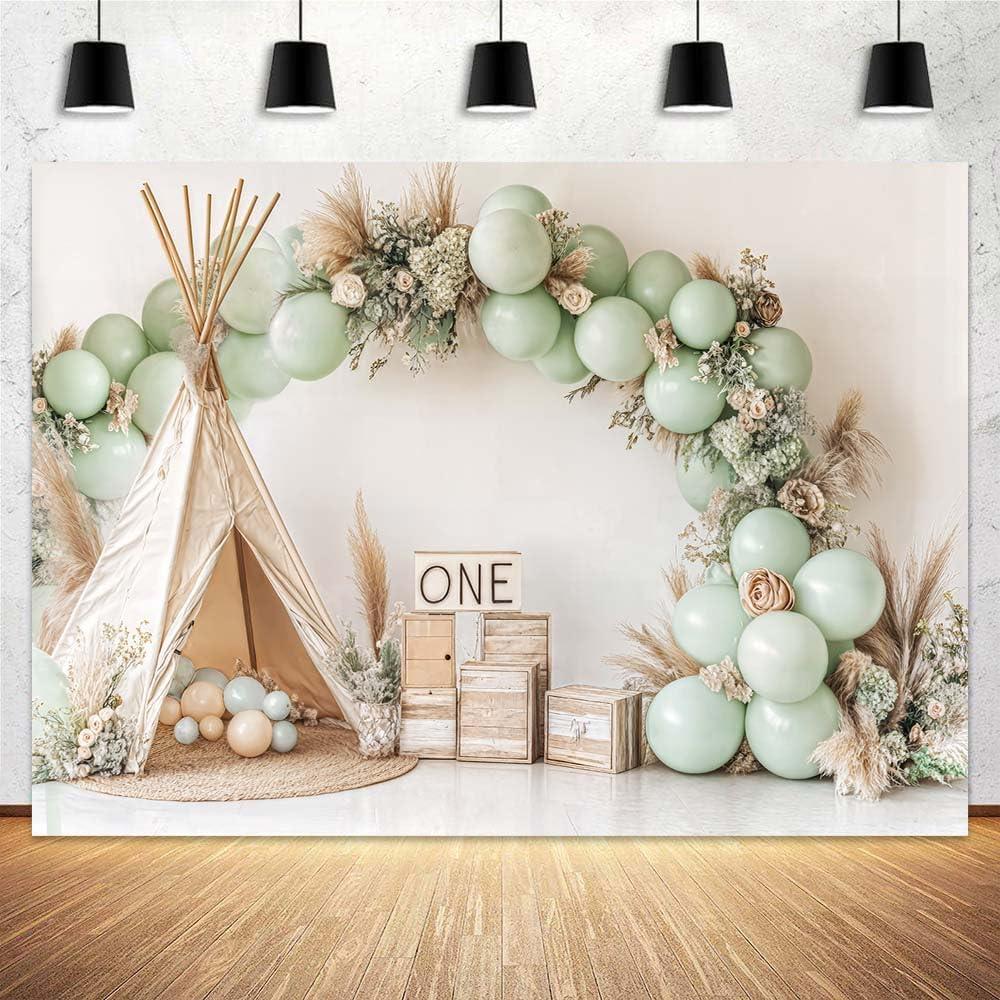 10 x 8 ft 1st Birthday Backdrop Bohemian Style Balloon Reed Tent Kids Boy Girl 1st Birthday Party Decor Baby Shower Holiday Party Grass Party Cake Smash Studio Photography Props, Green