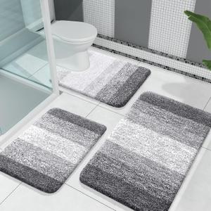 OLANLY Bathroom Rugs Sets 3 Piece, Soft Absorbent Microfiber Bath Mats and U-Shaped Contour Toilet Rug, Plush Shaggy Bath Mat Set for Bathroom (30"x20"+24"x16"+24"x20", Grey)