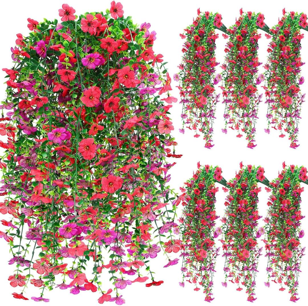 6 Pcs Spring Artificial Hanging Flowers Outdoor Faux Silk Mum Plant Decor Violet with Eucalyptus Realistic UV Resistant Trailing Vine Spring Porch Yard(Lovely Color,Violet)