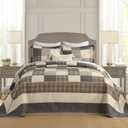 Farmhouse Bedspreads Queen Size 102"x120" - 100% Cotton Lightweight Oversized Queen Quilt with 2 Pillowshams, Printed Plaid Quilted Bedding Coverlet for All Season, Charcoal/Beige/Brown