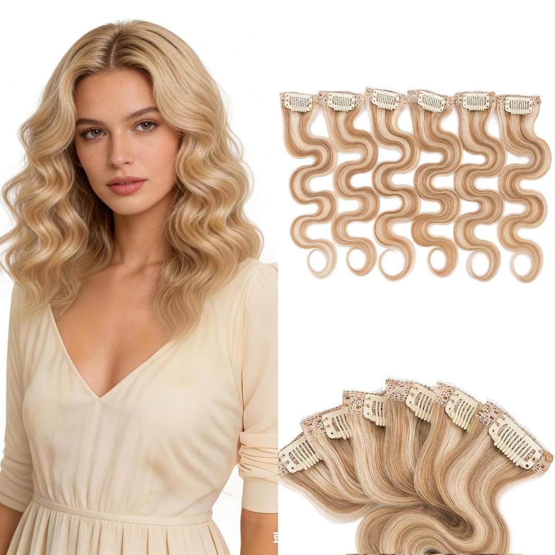 Benehair 6 PCS Clip in Short Hair Extensions 100% Real Human Hair Seamless & Invisible for Women Instant Volume Highlight Length for Daily Use 10'' Gloden Brown&Bleach Blonde Wavy