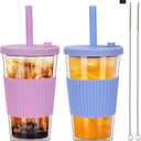 2 Pack Reusable Boba Cups, 17oz Iced Coffee With Straw and Lid, Leakproof Clear Plastic Tumbler, Double Wall Insulated Smoothie Cup, Pastel Violet and Cornflower Blue