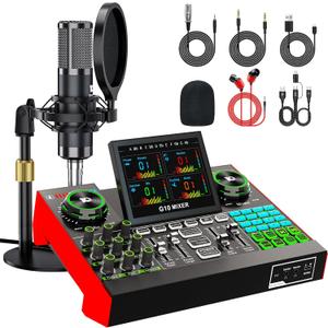 Podcast Microphone Bundle with Live Sound Board Audio Mixer, Podcast Equipment Bundle with 3.5mm Condenser Microphone(P15) for Pc/Phone Live Streaming Singing Gaming, Voice Changer, Denoise
