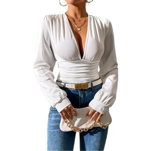 SURRO Women's Bodysuit Shirts Elegant Deep V Neck Leotard Blouses Long Sleeve Belly Hiding Tops Hook Closure