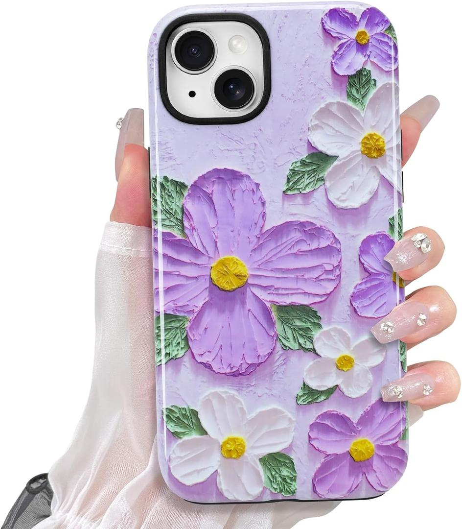 KANGHAR Cute Case for iPhone 14 Case for Women Girls [Compatible with MagSafe] Purple & White Oil Painting Floral Print Pattern Design, Aesthetic Girly Flowers Magnetic Protective Phone Cover