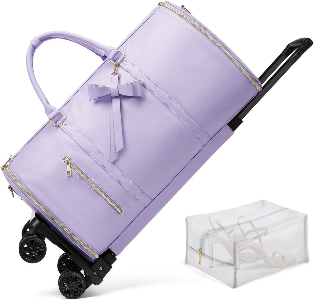 Rolling Garment Bags For Travel, Luxury Duffel Bag with Wheels,3-in-1 Suit Luggage Bag for Women Business Trip & Travel With Shoe Pouch, Foldable PU Leather Carry On Garment Bag, Purple