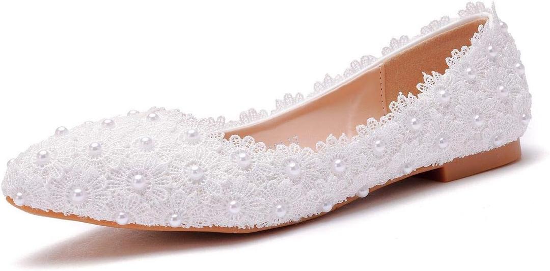 Comfortable Women Flats Handmade White Lace Bridal Ballet Flats Closed Toe Shoes Bride Wedding Shoes (Size: 9"/41cm)