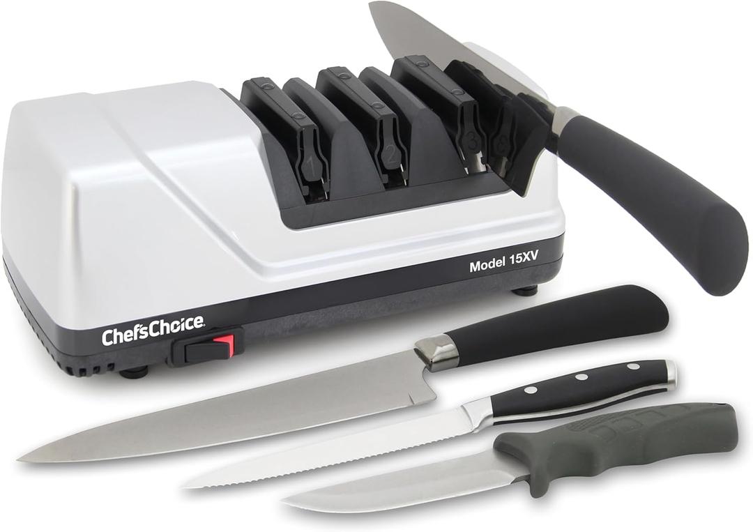 ChefsChoice 15XV EdgeSelect Professional Electric Knife Sharpener with 100-Percent Diamond Abrasives and Precision Angle Guides for Straight Edge and Serrated Knives, 3-Stage, Gray