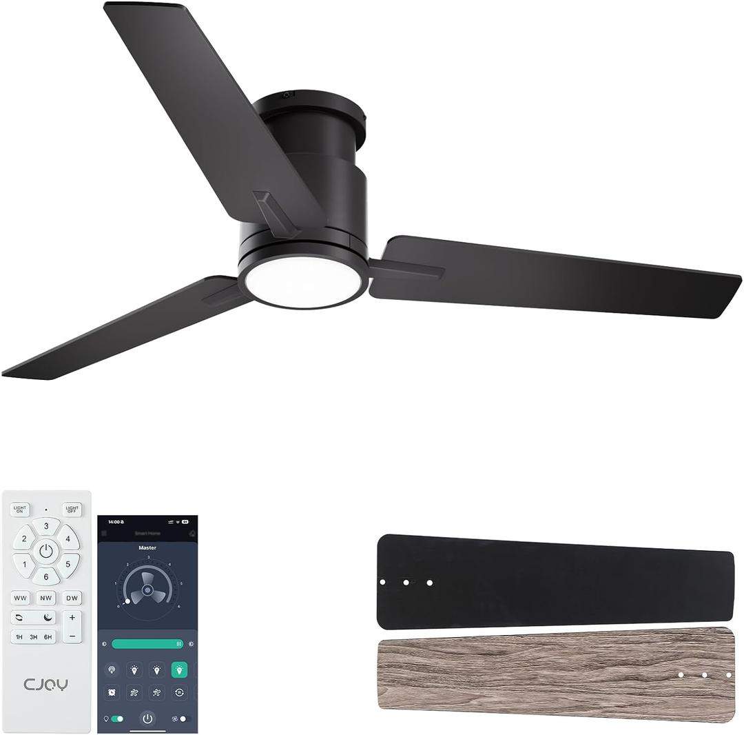 CJOY Ceiling Fan with Lights, 48 Inch Low Profile Ceiling Fans with Light and Remote, Reversible DC, Flush Mount, 3CCTDimmable, Modern Indoor/Outdoor Design for Bedroom, Living Room, Patio, Kitchen