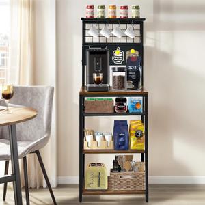5 Tier Coffee Bar Station, Coffee Stand with 4 S-Shaped Hooks, Bakers Rack with Storage, Farmhouse Corner Microwave Stand with Fridge Magnets, Kitchen Storage Shelf Rack for Small Spaces