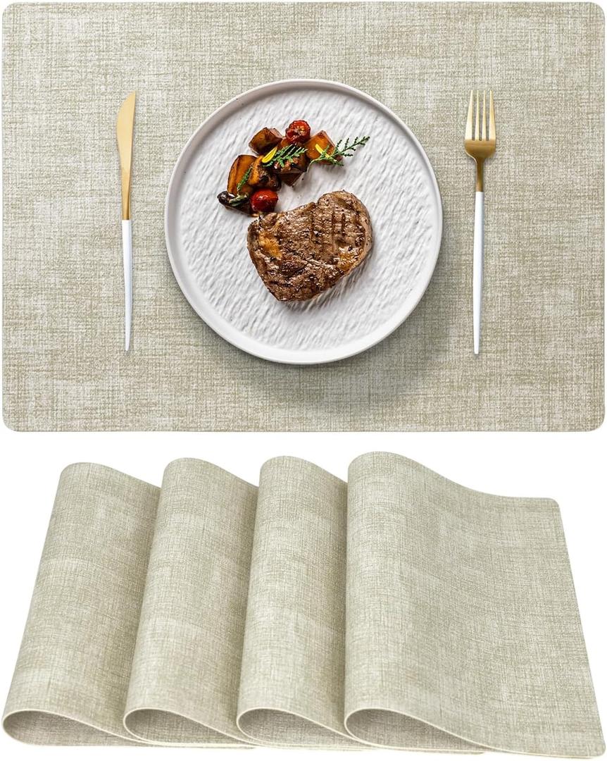 FGSAEOR Placemats Set of 4 Vinyl Place Mats - 12 x 17 Inch Reversible Heat Resistant, 100% Waterproof & Oilproof Wipeable Faux Leather Table Mats for Kitchen, Dining, Party, and Outdoor Use - Beige (Linen Finish-beige)