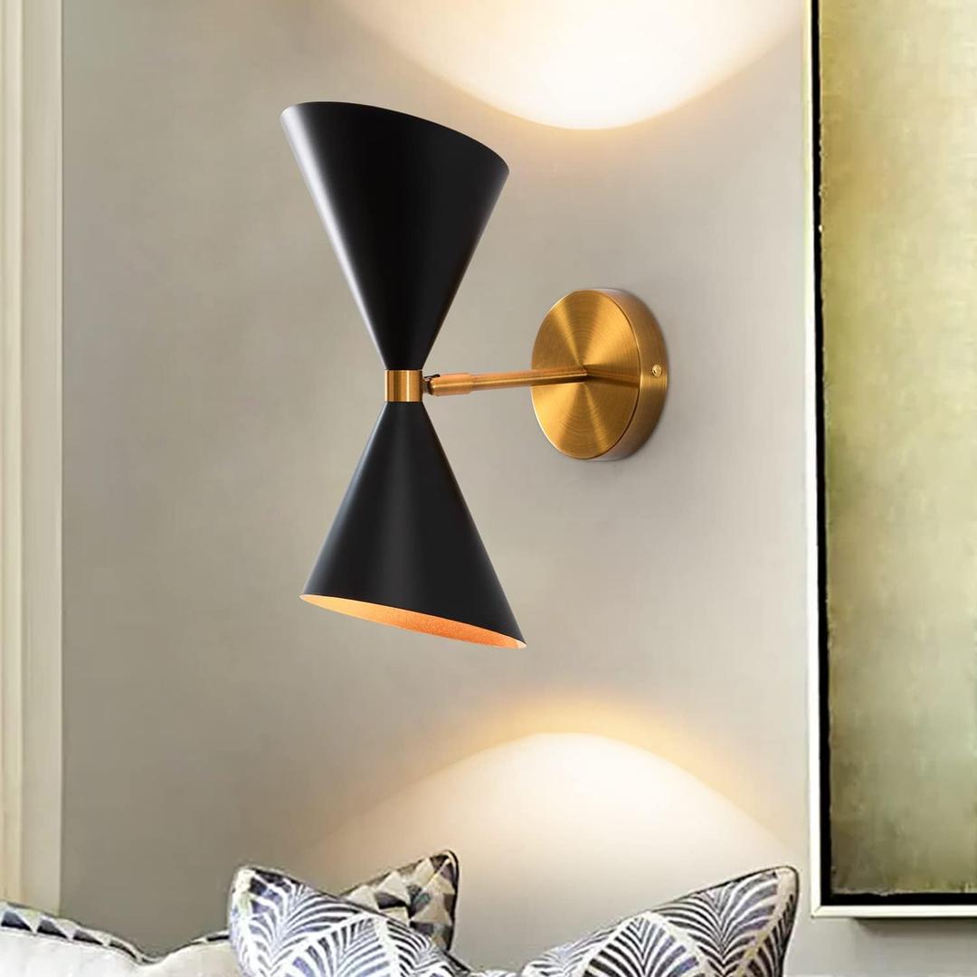 2-Light Mid Century Wall Sconce, Modern Wall Light Matte Black and Gold for Bedroom, Industrial Vanity Light Fixture Indoor for Living Room Bathroom Loft Foyer Entry Porch, E26