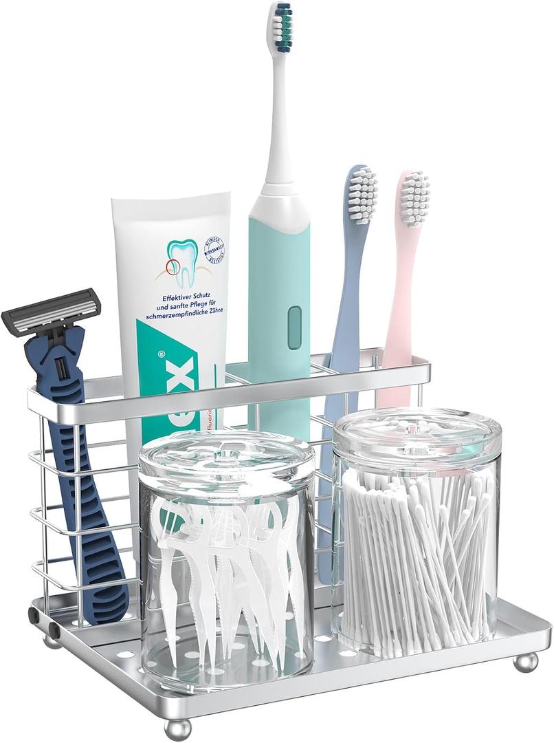 Luxspire Toothbrush Holders for Bathroom, Stainless Steel, 3 Slots, Silver | Electric Toothbrush Holder with Tray, Toothbrush and Toothpaste Holder, Toothbrush Holder for Bathroom