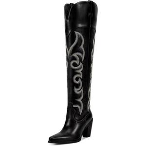 ISNOM Knee High Cowboy Cowgirl Boots for Women, Western Boots with Pull On Tab, Chunky Heel Design, Unique and Stylish (7, Over Knee Black)