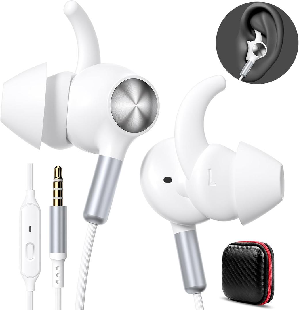 APETOO Wired Ear Buds Sport in-Ear Headphones with Anti Fall/Hurt Wingtips, Mute Mic, Pure Stereo Bass, Noise Isolating Aux 3.5mm Earbuds for iPhone/iPad/Android/Mac/Laptop/PC/Women/Small Ear/School (White-Silver)