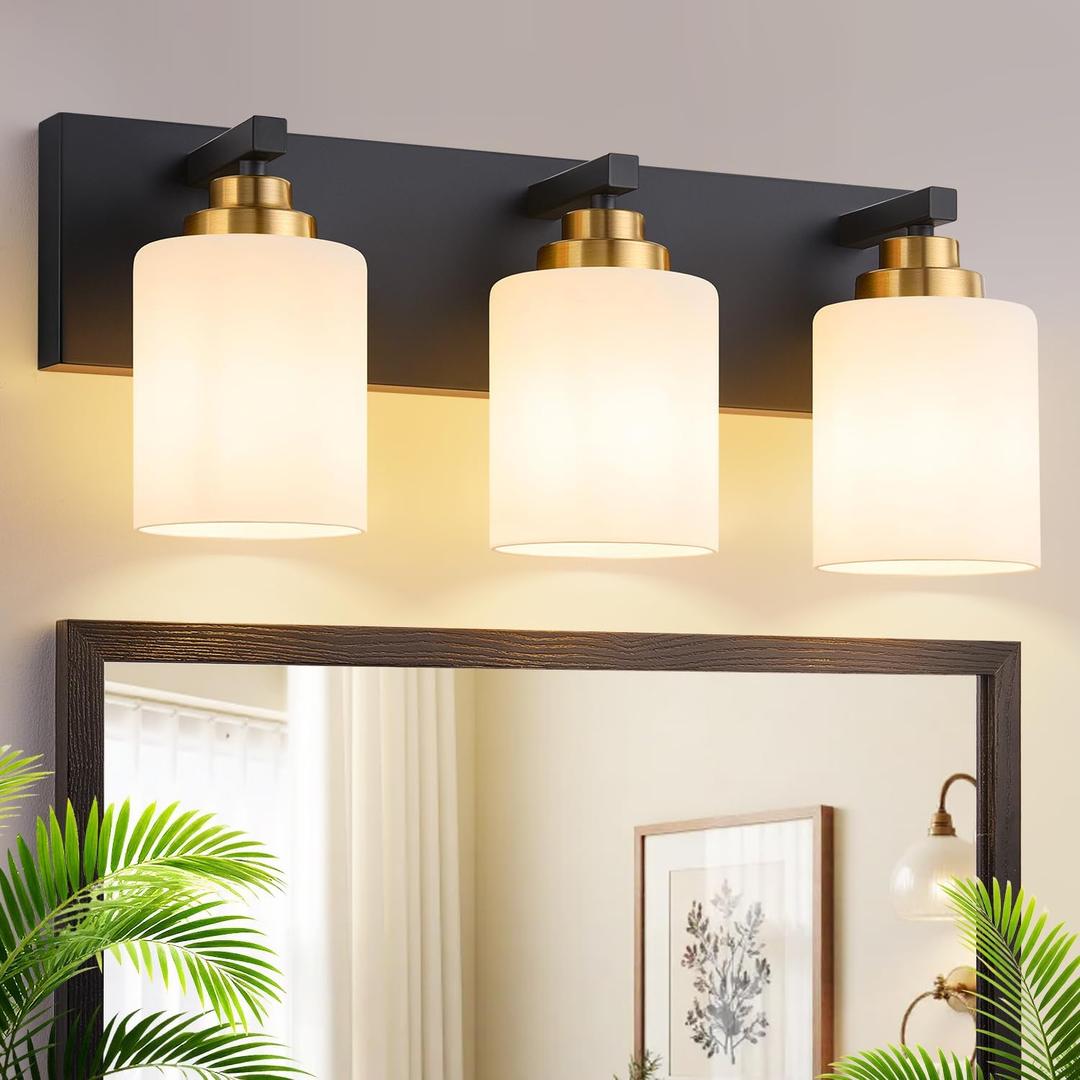 Vanity Lights for Bathroom, 3-Light Black and Gold Bathroom Vanity Light Over Mirror with Milky White Glass Shades, Modern Bathroom Light Fixtures for Living Room Hallway Cabinet (Bulbs Not Included)