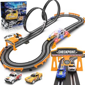 Slot Car Race Track Sets for Boys,Race Car Track with 4 High-Speed Slot Cars,Battery or Electric Car Track,Dual Racing Game Lap Counter Track Sets,Toys Gifts for Boys Girls Ages 4 5 6 7 8-12 (18FT)