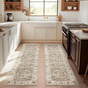 Jinchan Fiora Runner Rug 3x8-2pcs Kitchen Washable Vintage Hallway Rug Floral Print Floor Cover Indoor Thin Retro Mat Accent for Bathroom Laundry Room Bedroom Office Farmhouse (Double, Taupe)