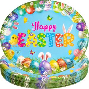 2 x Fancy Land Easter Oval Paper Plates Bunny Easter Egg Disposable Serving Plates 10" X 12" for Holiday Spring Party Decor Supplies Tableware Favors 24 ct