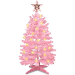 3 Feet Pink Christmas Tree with Lights, 8 Modes Timer 50 Warm White Lights Battery Operated Small Artifical Full Christmas Tree for Indoor Home Office Tabletop Xmas Holiday Decorations