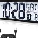 15 Inch Large Rechargeable Digital LCD Wall Clock with Backlight Glow in the Dark,Night Light Wall Clock with Week,Date & Temperature,DST,Alarm Display for Living Room, Bedroom, Gift for Elderly (Black)