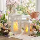TRIROCKS Set of 2 Decorative Candle Lantern 12'' & 8'' High Metal Candle Holder Hanging Lantern Perfect for Home Decor Patio Living Room Parties Events Tabletop Indoors Outdoors (White)