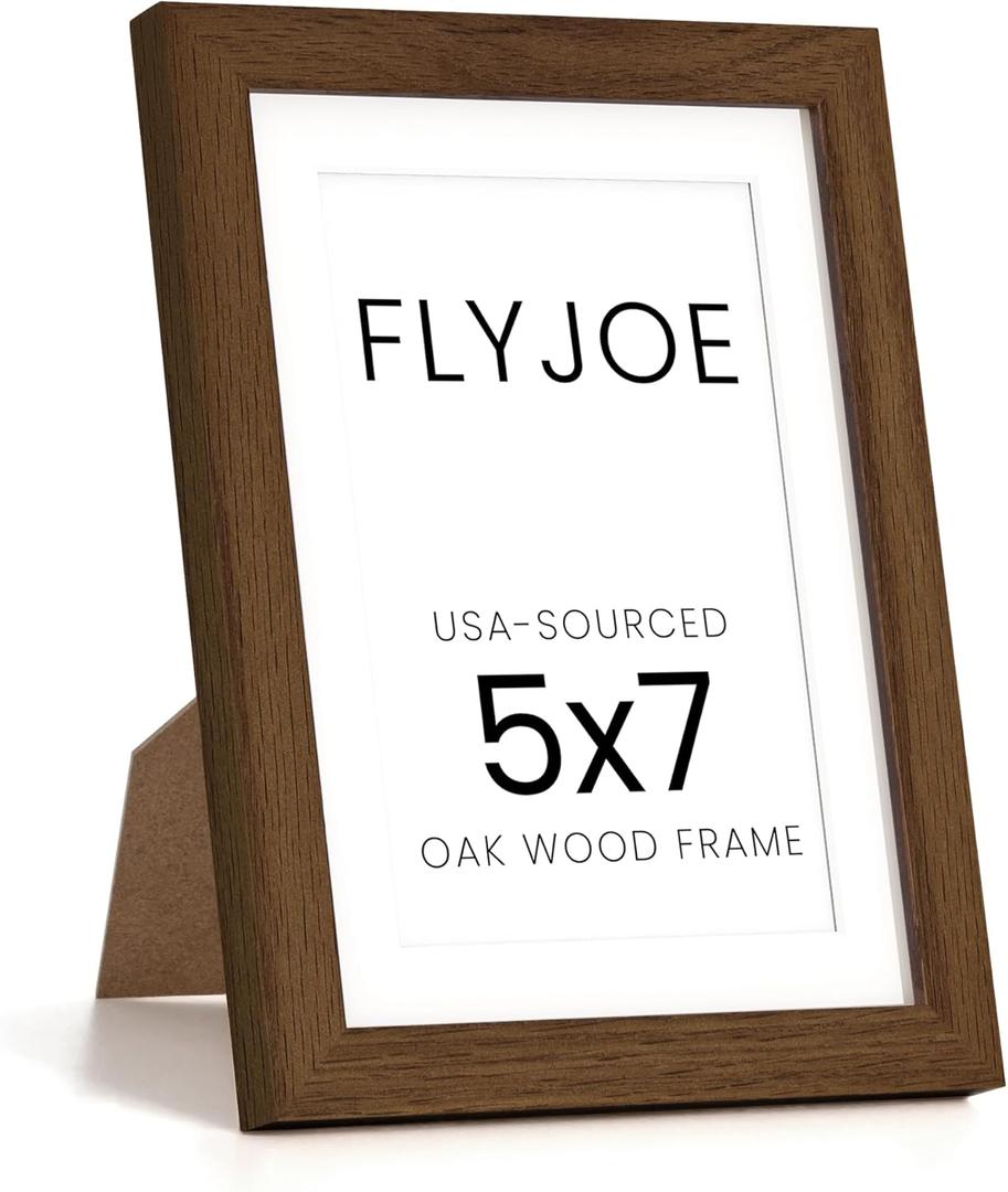 FLYJOE 5x7 Oak Wood Picture Frame with Mat for 4x6, 5 by 7 USA-Sourced Natural Solid Wooden Photo Frame for Wall & Tabletop Display, Shatterproof Plexiglass, 1 Pack, Walnut Color